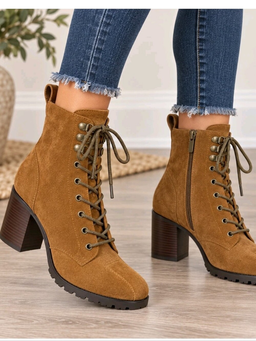 NEW PAIGE Christie Suede Lace Up Heeled Combat Boots Caramel Brown Women's 9.5